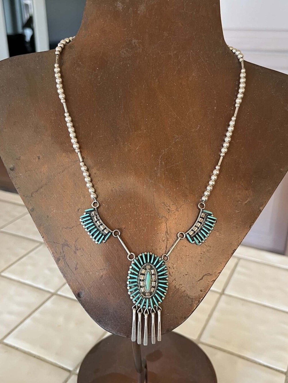 Turquoise Fan Cluster Necklace - Blue/Green Sterling Style